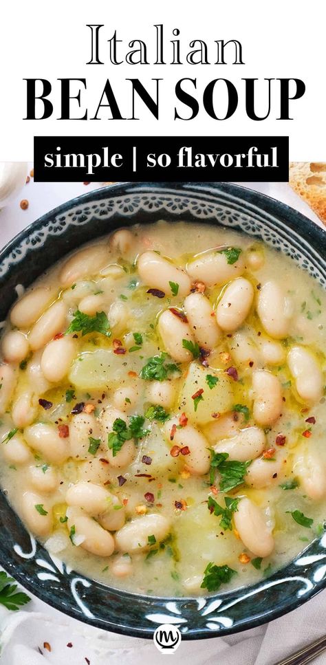 This no-frills Italian white bean soup is so simple yet boldly flavored, robust, and so darn good! It's thick, garlicky, spicy, and nourishing. Serve with crusty bread for an easy, healthy, and satisfying meal.  #quickandeasydinnerrecipes #quickhealthydinner #cheapmeals #healthydinnerrecipes #beansoup Bean Recipes To Lower Cholesterol, White Bean Soup With Canned Beans, Chicken And Cannellini Beans Soup, Bean And Noodle Soup, Marinated White Beans Recipe, Mediterranean White Bean Soup Recipes, Italian Rosa Marina Soup, Cannelloni Bean Soup, Acid Reflux Soup Recipes