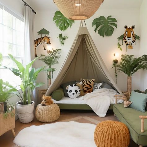 Jungle Playroom Ideas, Rainforest Theme Bedroom, Bedroom Ideas Jungle, Toddler Jungle Bedroom, Girl Jungle Room, Kids Room Jungle Theme, Jungle Toddler Room, Jungle Room Ideas, Animal Bedroom Kids