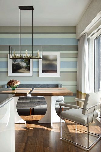 blue green gray dining via flickr Painted Stripes On Wall, Painting Stripes On Walls, Serene Bathroom, Coastal Dining, Striped Walls, Bathroom Decorating, Paint Stripes, Design Bathroom, Design Del Prodotto