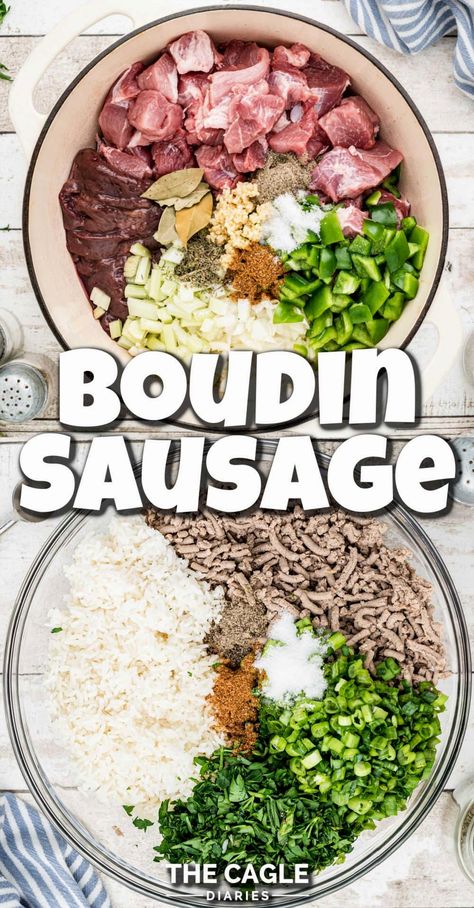 Creating homemade boudin sausage is simpler than it seems. Begin by cooking the meats and vegetables, then grind them together. Mix this with cooked rice and your choice of seasonings. Stuff the mixture into sausage casings, and you're done. Enjoy your personalized Cajun Boudin sausage, seasoned to your liking with any extra ingredients you love. How To Make Boudin, How To Cook Boudin Sausage, Boudin Sausage Recipe, Homemade Boudin, How To Cook Boudin, Hot Sausage Recipes, Boudin Recipe, Boudain Recipes, Cajun Pork