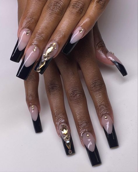 Matte Black Nails With Gold, Black And Gold Nails Short, Black Frenchies, Black Gold Nails, Red And Gold Nails, Matte Black Nails, Nail Prices, Long Square Acrylic Nails, Trendy Nail