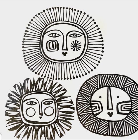 Black Drawings Sketches, Sun Linocut, Printmaking Patterns, Sunshine Illustration, Sun Doodle, Sun Patterns, Linocut Illustration, Clare Youngs, Latina Art