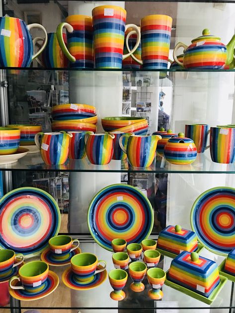 With all this rain have you spotted any rainbows?  Well we have plenty here for you to get your hands on with our ever popular rainbow ceramics. Bring a pop of colour to your home. #fewgifts #cups #jugs #bowls #rainbow #pottery #Fairtrade #creativehome #colour Rainbow Ceramics, Rainbow Pottery, Painting Ceramics, Brighten Room, Colorful Pottery, Industrial Design Trends, Diy Mugs, Pottery Painting Designs, Pottery Glazes