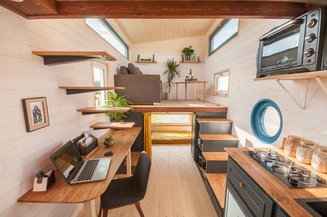 Tiny House Valhalla, designed by Baluchon, features floating steps that lead to a sleeping loft. Two Bedroom Tiny House, Design Casa Piccola, Tiny Home Office, Tiny House Interior Design, Light Hardwood Floors, Tiny House Trailer, Tiny Home Ideas, Tiny House Bathroom, Tiny House Kitchen