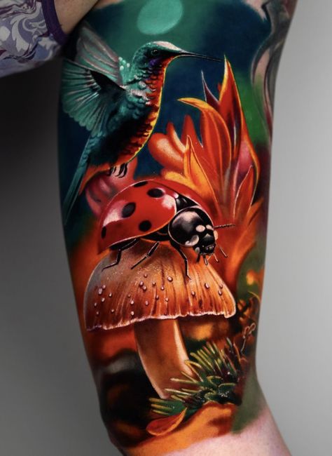 Realism Mushroom Tattoo, Neo Traditional Tree Tattoo, Colour Realism Tattoo, Realistic Color Tattoo, Color Realism Tattoo, Dragon Tattoo Realistic, Urban Tattoos, Monarch Butterfly Tattoo, Bio Organic Tattoo