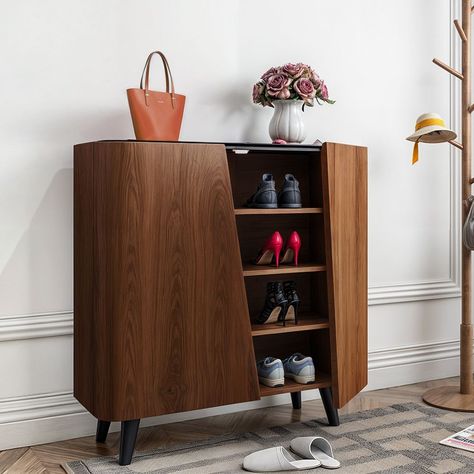 Hernest | Walnut Shoe Cabinet Mid-Century 36" Entryway Shoe Storage 4 Shelves Shoe Cabinet with Iron Legs for Shoe Storage Organizer Mid Century Shoe Cabinet, Console Cabinets, Foyer Cabinet, Cabinet Entryway, Shoe Cabinet Entryway, Wood Shoe Storage, Console Entryway, Office Interior Design Modern, Bench Storage