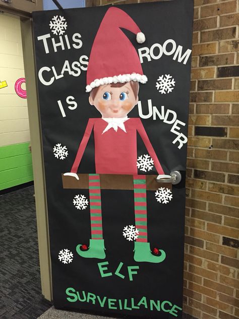 1st grade classroom door- The teacher won an elf on the shelf, so we decorated the door to help her surprise the kids!! Holiday Classroom Doors, Winter Classroom Door, Elf Classroom, Diy Christmas Door Decorations, Door Decorations Classroom Christmas, Christmas Doors, Holiday Door Decorations, Christmas Workshop, Classroom Christmas Decorations