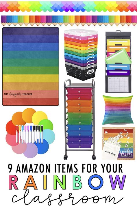 These 9 items for your rainbow theme classroom are all available on Amazon! #teaching #classroom Rainbow Homeschool Room, Rainbow Class Decor, Kindergarten Classroom Rainbow Theme, Prek Classroom Themes, Rainbow Classroom Theme Decor, Colorful Classroom Theme, Rainbow Classroom Theme, Rainbow Theme Classroom, Preschool Classroom Themes