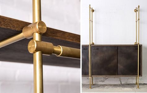 Storage/Furniture: Brass Shelving from Amuneal Shelves Brackets, Brass Shelving, Hook Shelf, Joinery Details, American Street, Pipe Furniture, Mounted Shelves, Shelving Systems, Drapery Hardware