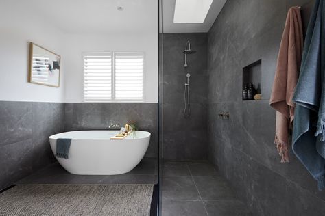 Dark Floor Tile, Dark Grey Tile Bathroom, Guest Ensuite, Dark Gray Bathroom, Dark Bathroom, Grey Bathroom Tiles, New House Bathroom, Dark Bathrooms, White Bathroom Tiles