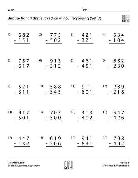 Print this worksheet for subtraction practice with 3 digit numbers, without regrouping. Recommended for first grade and second grade… Subtraction With Borrowing, 3 Digit Subtraction, Subtraction With Regrouping Worksheets, Easy Math Worksheets, Regrouping Subtraction, Math Fact Worksheets, Subtraction With Regrouping, Math Practice Worksheets, First Grade Math Worksheets