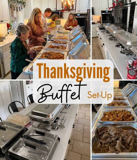 Here is how I like to set up my Thanksgiving buffet tables for seving dinner. Thanksgiving Wedding Dinner, Counter Top Buffet Set Up, Setting Up A Buffet Table At Home, Thanksgiving Dinner Set Up Ideas, Thanksgiving Tables For A Large Crowd, Thanksgiving Food Buffet Setup, Buffet Style Thanksgiving Dinner, Food Arrangement Ideas Buffet Tables, Buffett Style Thanksgiving