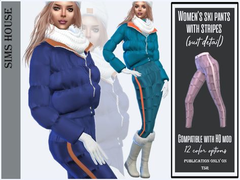 Sims House's Women's ski pants with stripes (suit detail) Short Faux Fur Coat, Sims 4 Traits, Womens Ski Pants, Ski Pants Women, Sims Free Play, Male Clothes, Ski Outfit, Sims 4 Dresses, Female Clothes