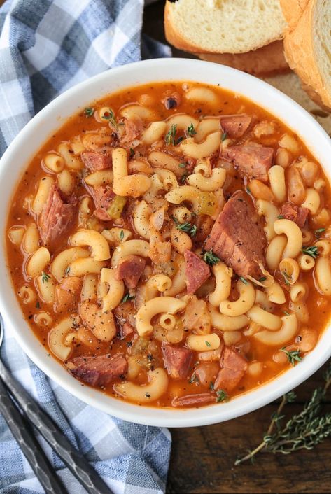 Pasta Fazool is our favorite leftover ham recipe! A family recipe with just a few simple ingredients and giant, tender pieces of ham! Pasta Fagioli With Ham, Pasta Fazool Soup, Pasta Fazool, Ham Bone Soup, Easy Cocktail Recipes, Ham Pasta, Easy Beef Stew, Crockpot Ham, Leftover Ham Recipes