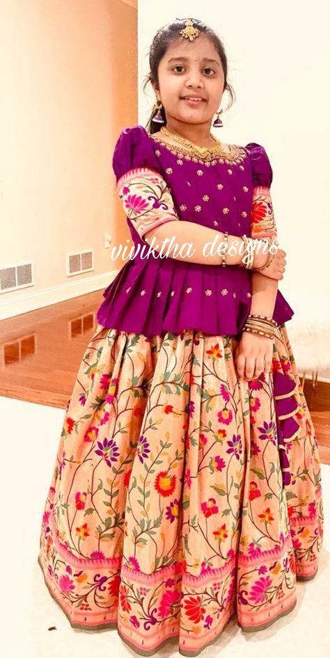 Paithani Dress Pattern, Kids Lehanga Design Indian Dresses, Kids Blouse Designs For Lehanga, Kids Lehanga Design For Wedding, Pattu Langa For Kids, Pattu Lehenga For Kids, Lehanga Blouses, Langa Blouse For Kids, Sequence Flower