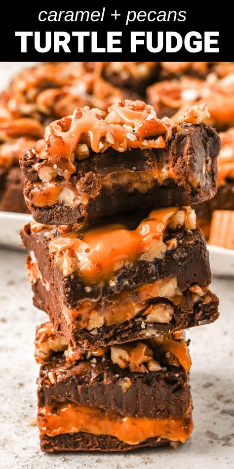 stacked turtle fudge with caramel Turtles Candy With Kraft Caramels, Homemade Turtle Candy With Pecans And Caramel, Caramel Pecan Turtle Fudge, Chocolate Covered Turtles Caramel Pecan, Turtle Fudge Recipe, Caramel Turtle Brownies, Turtle Fudge, Creamy Chocolate Fudge, Amazing Easy Recipes