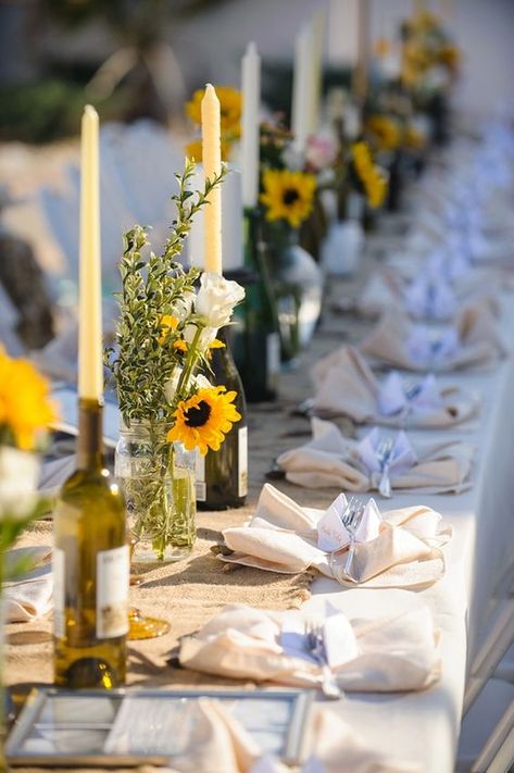 Sunflower Wedding Centerpieces, Sunflower Wedding Decorations, Sandbridge Beach, Casual Beach Wedding, Sunflower Themed Wedding, Wine Bottle Candles, Tuscan Wedding, Sunflower Decor, Hampton Roads