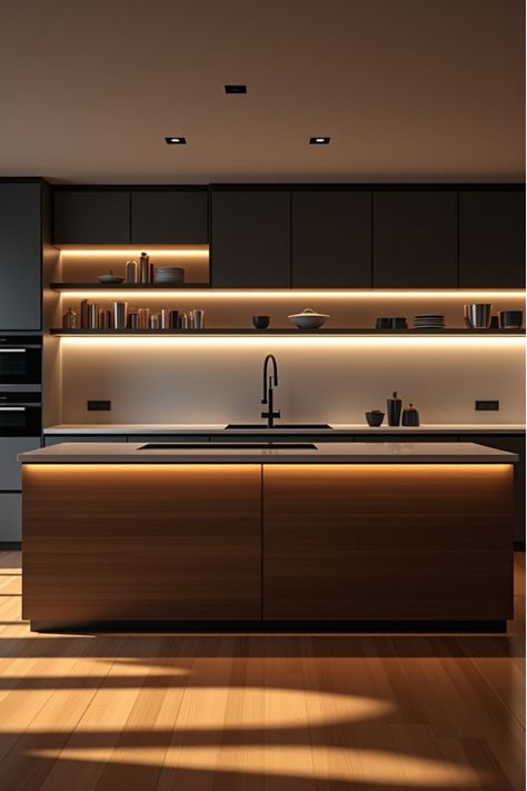 Minimalist kitchen with hidden LED lighting Narrow Kitchen Lighting, Kitchen Island Led Lighting, Led Strip Lighting Kitchen, Kitchen Island Under Counter Lighting, Strip Lighting Kitchen, House Lighting Ideas, Led Lights Kitchen, Led Strip Lighting Ideas, Niche Lighting