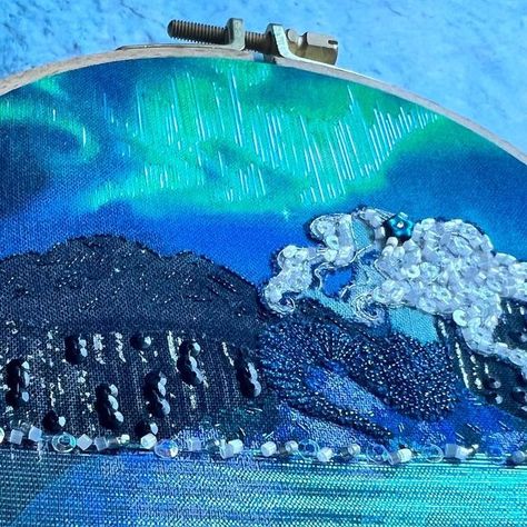 Hannah Austin || Fabric Collage Embroidery on Instagram: "I just realized I never shared this lady on my grid! And she’s too pretty not to show off! #mermaid #fabriccollage #northernlights #aurorascape" Embroidered Northern Lights, Northern Lights Embroidery, Collage Embroidery, Holiday Embroidery, Fabric Collage, Crafty Ideas, Resin Art, Journal Ideas, Aurora