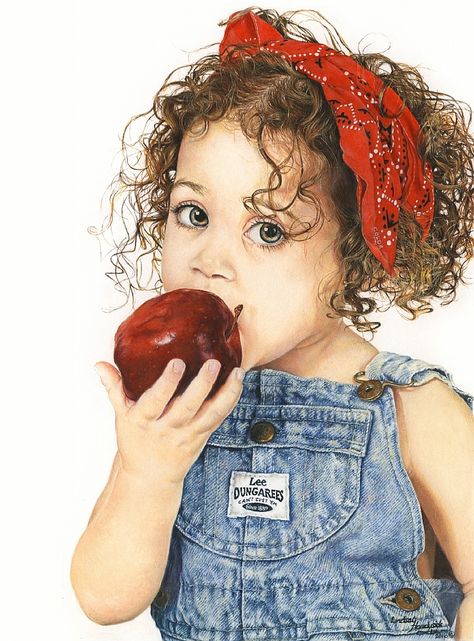 'THE RED APPLE'    by Lindsay Handyside   Watercolor 10" x 8" Girl Eating, Overalls, Red, Art