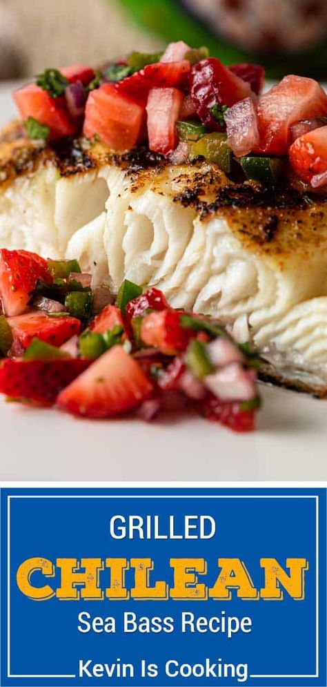 Grilled Sea Bass Recipes, Grilled Sea Bass, Bass Recipes, Sea Bass Recipes, Strawberry Salsa, Yummy Seafood, Grilled Seafood, Yummy Casseroles, Baked Fish