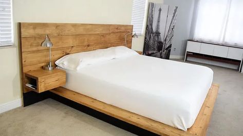 DIY Platform Bed With Floating Night Stands Tutorial - Its Overflowing Floating Night Stands, Diy Platform Bed Frame, Wood Bed Frame Diy, California King Bed Frame, Pallet Bed Frame, Bed Frame Plans, Murphy Bed Ikea, Floating Bed Frame, Diy Platform Bed