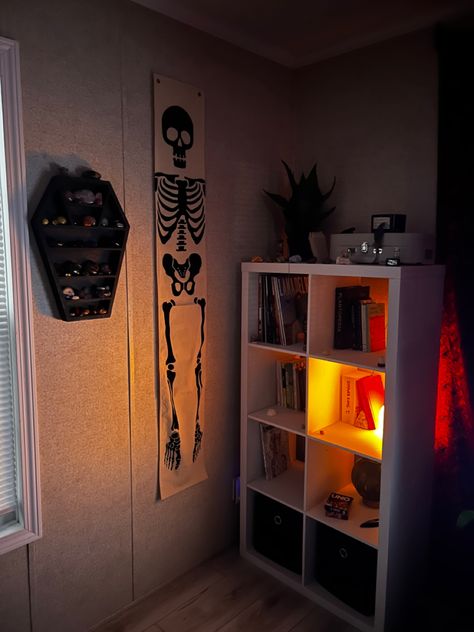 Skeleton wall banner
Coffin shelf with crystals
Bookshelf illuminating from crystal Room Book Nook, Room Book, Book Nook, Book Nooks, Halloween Decor, Nook, Halloween Decorations, Living Room, Halloween