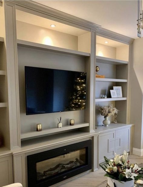 Tv Display Ideas Living Room, Media Center Ideas Living Rooms, Bedroom Entertainment Center, Storage Entertainment Center, Wall Entertainment Center, Fireplace Entertainment Center, House Redo, Tv Display, Bedroom Fireplace