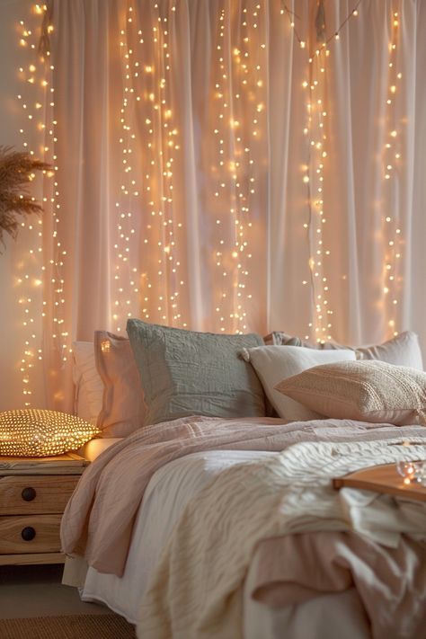 Rice Lights Decoration Ideas, Light Curtains Bedroom, Lights Decoration Ideas, Outdoor Christmas Decoration Ideas, Outdoor Decoration Ideas, Rice Lights, Lights Decoration, Cozy Fall Bedroom, Cozy Christmas Decor