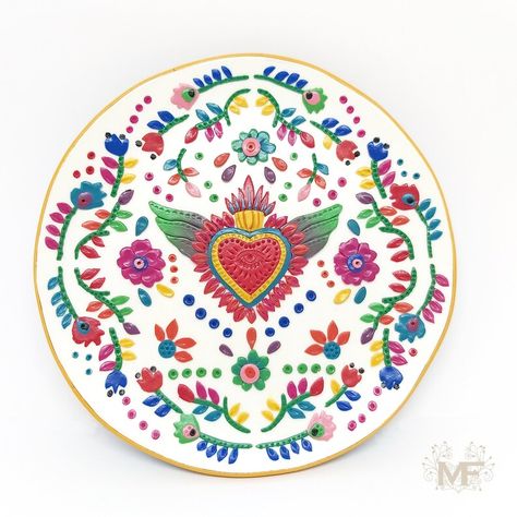 Mexican Jewelry Dish, Decorative Plate, Mexican Folk Art, Polymer Clay Jewelry Holder - Etsy UK Clay Jewelry Holder, Clay Jewellery Holder, Leaf Stamp, Folk Decor, Mexican Embroidery, Handmade Plates, Mexican Jewelry, Front Face, Bright Colored