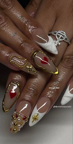 French Tip Red, 3d Gel Nail Art, Gold Toe Nails, Red And Gold Nails, Cross Nails, Gold Nail Designs, Girly Acrylic Nails, Gold Tips, Unique Acrylic Nails