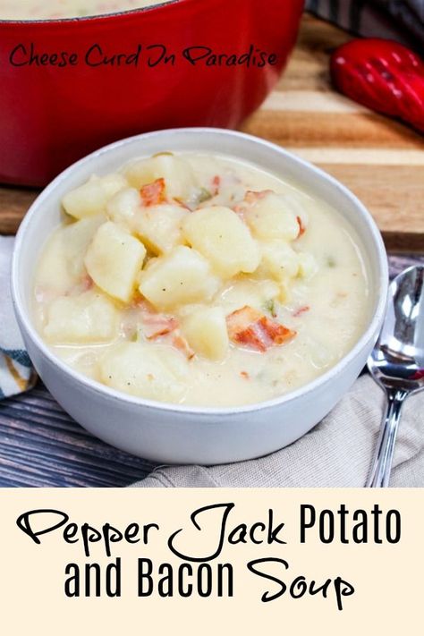 Pepper Jack Potato and Bacon Soup is packed with hearty potatoes, smokey bacon, and creamy spicy pepper jack cheese.  Ready in under 30-minutes!   #SoupSwapperSaturday #NationalDairyMonth #Soup #PotatoSoup #30MinuteMeals Potato Pepper Jack Soup, Pepper Jack Potato Soup, Pepper Jack Soup, Potato And Bacon Soup, Jack Potato, Soup Cheese, Soup Sunday, Soup Potato, Cheese Curd