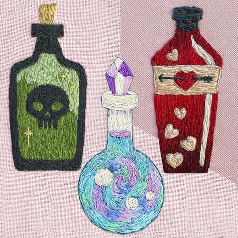 Bottle Embroidery, Cowboy Embroidery, Rug Inspiration, Potion Bottle, Clothing Patches, Needle Art, Printable Designs, Pattern Download, Make And Sell