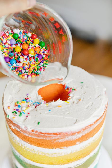 Rainbow Cake Ideas, Skittles Cake, Rainbow Sprinkle Cakes, Explosion Cake, Rainbow Cake Recipe, Cake Pretty, Rainbow Layer Cakes, Sprinkles Birthday Cake, Rainbow Explosion