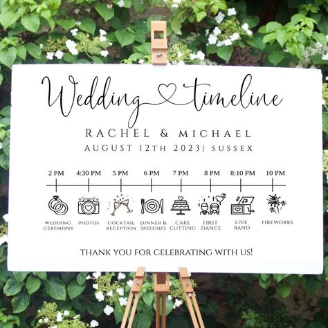 Wedding Timeline I Wedding Itinerary I Wedding Sign I Wedding Order of Events Sign I Timeline Template Weddings are all about the little details that make your day unique. This printable wedding sign is perfect for your wedding day to let guests know the order of events and make sure they don't miss any important moments like your first dance or when the late night buffet begins. The template features a script-style font and a black outline heart, making it stylish and contemporary. This listing 4:00 Wedding Timeline, Wedding Itenary Board, Wedding Guest Timeline, Wedding To Do, Wedding Itinerary For Guests, Wedding Itinerary Sign, Order Of Wedding, Black Outline Heart, Wedding Organisation