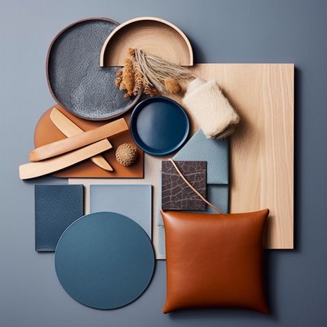 Blue Grey Rust Bedroom, All Blue Interior, Dark Blue And Terracotta, Eclectic Material Board, Rust And Blue Kitchen, Terra Cotta Navy Color Palette, Navy Blue Brown Color Palette, Leather Colour Palette, Apricot And Blue Color Palette