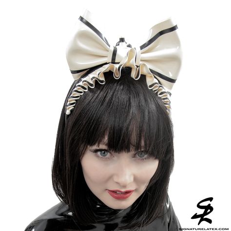 Latex Maids Frilled Bow Headdress - Etsy Maid Headband, Military Hat, High Line, Large Bow, Oct 11, Costume Hats, Trim Color, Black Trim, Headdress