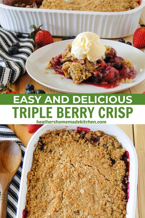 This Triple Berry Crisp is full of bursting berries and covered in a crispy oat topping that is amazing! Serve it with some ice cream and it's a perfect dessert that can be enjoyed year round! Triple Berry Crisp, Berry Crisp Recipe, Slow Cooker Apple Crisp, Crisp Topping, Strawberry Crisp, Easy Apple Crisp Recipe, Super Easy Desserts, Berry Crisp, Fruit Recipes Healthy