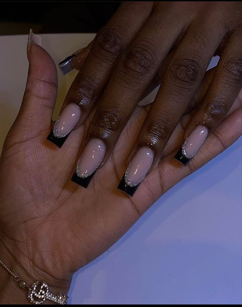 Black French Tip With Glitter, Sparkly Black French Tip Nails, Black French Tip Nails With Glitter, Black Glitter French Tip Nails, New Year Nails Black, Classy Gel Nails, 21st Birthday Nails, Extensions Hairstyles, Black Acrylic Nail Designs