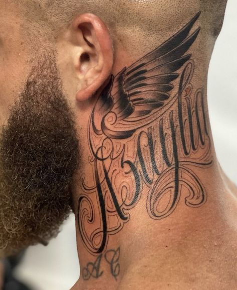 Name Tattoo Designs On Neck, Memorial Neck Tattoos For Men, Writing On Neck Tattoo, Neck Name Tattoos For Men, Neck Writing Tattoo Men, Name On Neck Tattoo Men, Name Tattoo On Neck, Neck Name Tattoo Men, Neck Name Tattoo