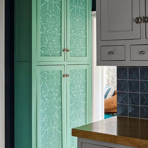 Pantry Cabinet Doors Ideas, Pantry Door Upgrade, Wallpaper On Cabinet Doors, Wallpaper Cabinet Doors, Kitchen Door Makeover, Wallpapered Door, Pantry With Wallpaper, Wallpaper Wardrobe Doors, Wallpaper Inside Cabinets