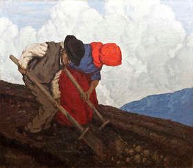 Paul Henry #paulhenry #paulhenrypainting #paulhenryartist #paulhenryart #irishart #landscapepainting #landscape #irishlandscap #connemara #connemaralandscape #turfstacks #mountains #clouds #nature Potato Digger, Paul Henry, Irish Artists, Irish Painters, Soli Deo Gloria, Irish History, Irish Art, Post Impressionism, Post Impressionists