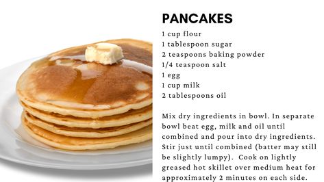 Simple way to make pancakes from scratch. Ingredients: 1 cup flour 1 tablespoon sugar 2 teaspoons baking powder 1/4 teaspoon salt 1 egg 1 cup milk 2 tablespoons oil Mix dry ingredients in bowl. In separate bowl beat egg, milk and oil until combined and pour into dry ingredients. Stir just until combined (batter may still be slightly lumpy). Cook on lightly greased hot skillet over medium heat for approximately 2 minutes on each side. Simple Pancake Recipe 3 Ingredients, Pancake Batter Recipe, Fijian Food, Easy Homemade Pancakes, Homemade Pancake Recipe, Homemade Cookbook, Pancakes From Scratch, Pancake Recipe Easy, Pancake Recipes