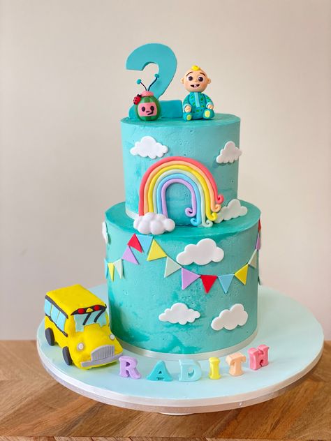 Cocomelon Buttercream Cake Ideas, Buttercream Cocomelon Cake, Cocomelon Cream Cake, 2 Tier Cocomelon Themed Cake, 1st Birthday Cake Boy Without Fondant, Cocomelon Cake Ideas For Boy, Simple Cocomelon Cake, Baby Birthday Cake Recipe, Cocomelon Birthday Cake Boy