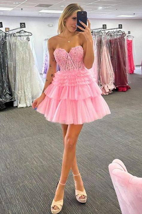 Princess Pink Corset Multi-Layered Short Homecoming Dress Sparkly Prom Dresses, Short Homecoming Dresses, Mini Prom Dresses, Mini Homecoming Dresses, Tulle Homecoming Dress, Pink Homecoming Dress, Short Party Dress, Short Homecoming Dress, Short Cocktail Dress