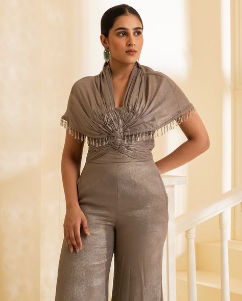 let your style flow this festive season 🌙 // the metallic cascade jumpsuit is all about fluidity and sophistication. with its cinched waist and intricate ruched details, it flatters and elongates your silhouette while adding a soft shimmer with every step! [ atalthelabel , festive , jumpsuit , indowestern , diwali , cards party ] Diwali Cards, Cinched Waist, Festive Season, Diwali, Festival Season, Jumpsuit, Festival, Quick Saves