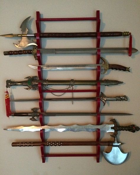 A closer look at my sword collection which is securely mounted to a wall. Collection Display, Knife Collection, Forged Steel, Wonderful World, Displaying Collections, Karate, The Wall, Really Cool Stuff, Apartment