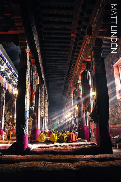 Morning Prayers - Sakya by Matt Lindén on Flickr | Sakya Monastery, Tibet. Here, the monks perform morning rituals inside the impressive main hall, as light pours in from the high windows Sakya Monastery, Harry Styles Imagine, Tibet Travel, Travel Honeymoon, Buddhist Monk, Destination Voyage, Tibetan Buddhism, The Monks, Bhutan