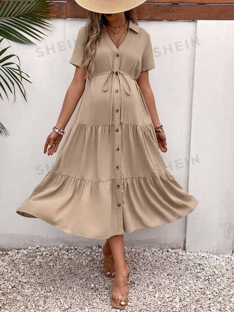 Maternity Shirt Dress, Shein Maternity, Short Sleeved Dress, Maternity Shorts, Belted Shirt Dress, Sleeved Dress, Lapel Collar, Maternity Dresses, Ruffle Hem