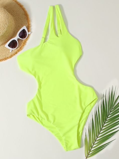 Neon Lime Cut-out One Shoulder One Piece Swimsuit Latest One Piece, Wide Leg Pant Suit, Three Piece Suit, Women's Blouses, Punta Cana, Beachwear For Women, Dressy Tops, One Piece For Women, Shein Style